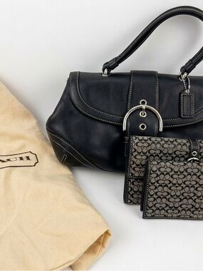Vintage Coach Soho Black Leather Bag + 2 Matching Wallets Set (Y2K Bundle)